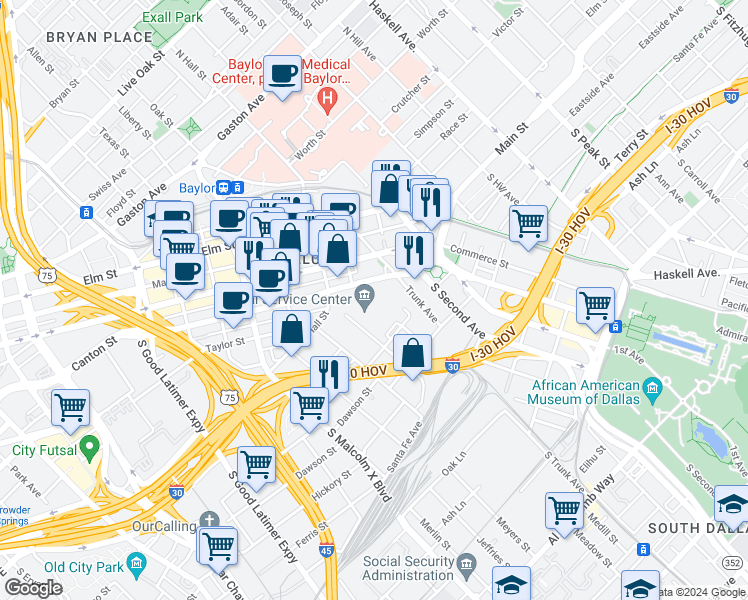 map of restaurants, bars, coffee shops, grocery stores, and more near 1523 Baylor Street in Dallas