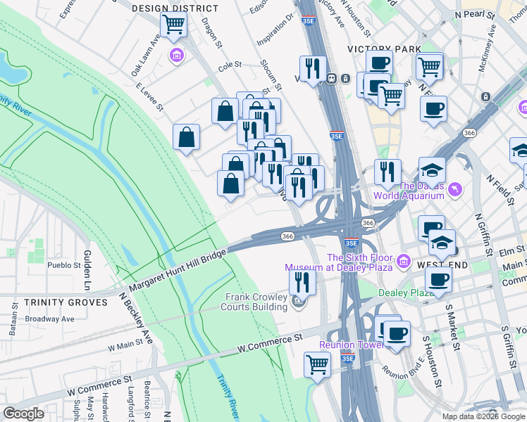 map of restaurants, bars, coffee shops, grocery stores, and more near 160 Continental Ave in Dallas