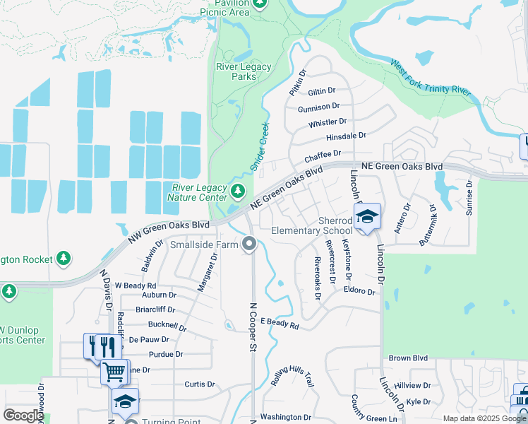 map of restaurants, bars, coffee shops, grocery stores, and more near 2721 Copper Creek Drive in Arlington