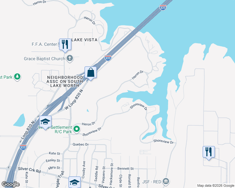 map of restaurants, bars, coffee shops, grocery stores, and more near 8120 Heron Drive in Fort Worth