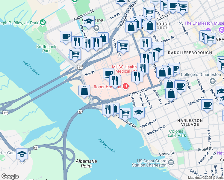 map of restaurants, bars, coffee shops, grocery stores, and more near 326 Calhoun Street in Charleston
