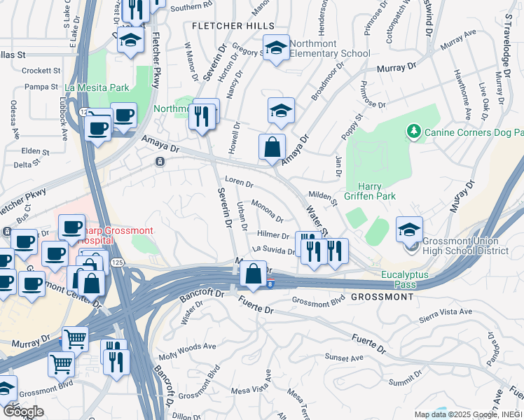 map of restaurants, bars, coffee shops, grocery stores, and more near 9345 Monona Drive in La Mesa