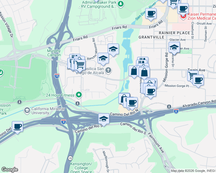 map of restaurants, bars, coffee shops, grocery stores, and more near 5991 Caminito Yucatan in San Diego