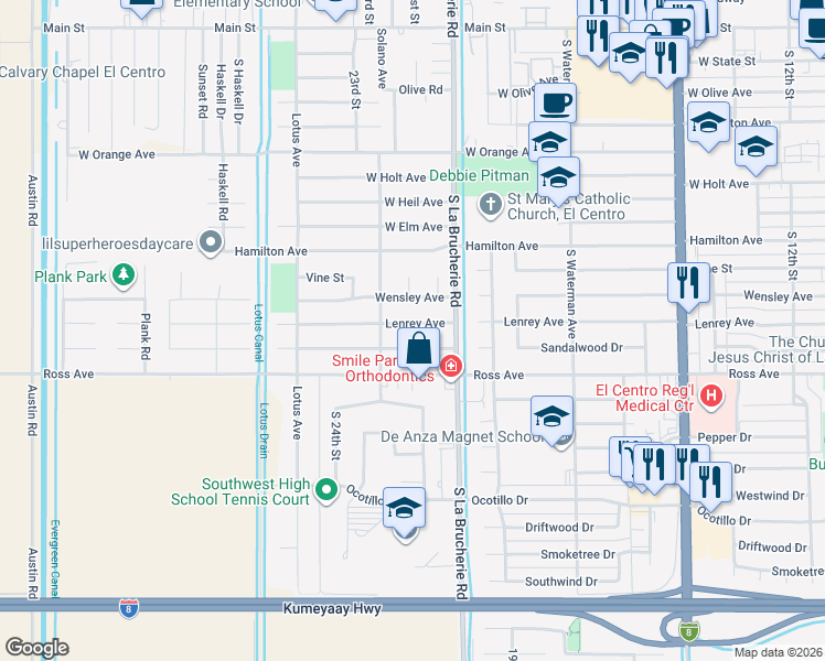 map of restaurants, bars, coffee shops, grocery stores, and more near 2110 Sandalwood Dr in El Centro