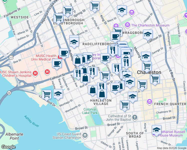 map of restaurants, bars, coffee shops, grocery stores, and more near 52 Bull Street in Charleston