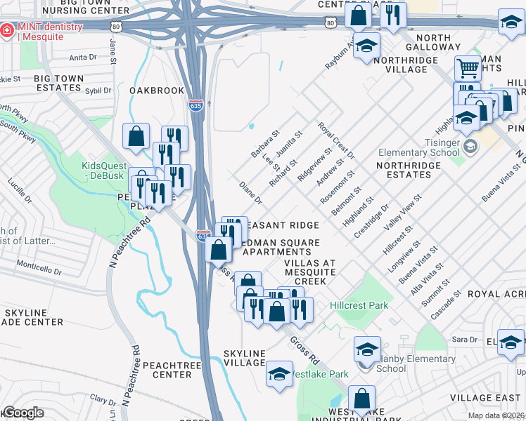map of restaurants, bars, coffee shops, grocery stores, and more near 1129 Ridgeview Street in Mesquite