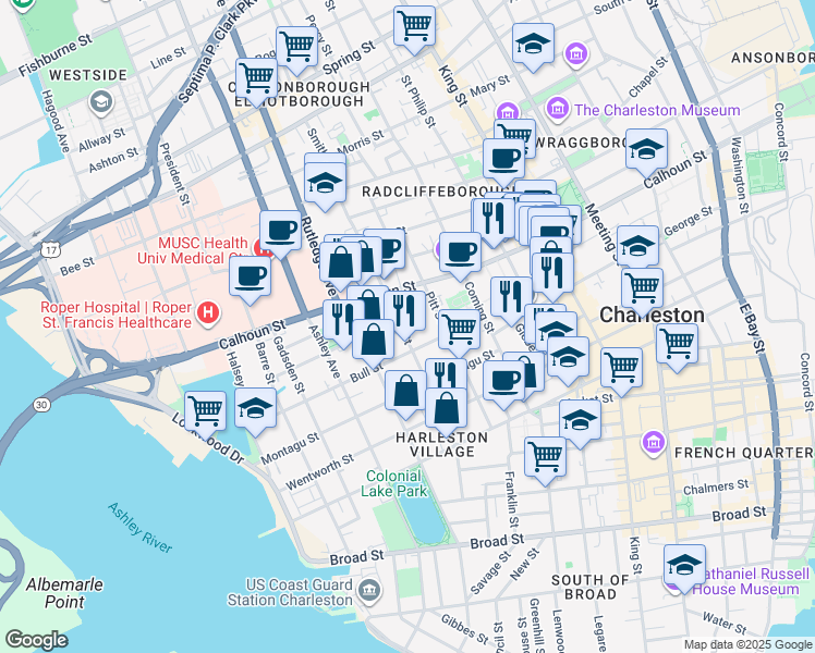 map of restaurants, bars, coffee shops, grocery stores, and more near 78 Smith Street in Charleston
