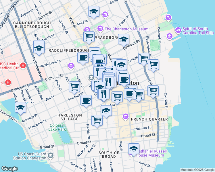 map of restaurants, bars, coffee shops, grocery stores, and more near 5 Liberty Street in Charleston