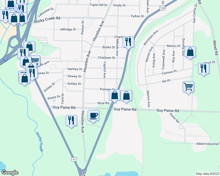 map of restaurants, bars, coffee shops, grocery stores, and more near 955 Putnam Street in Macon