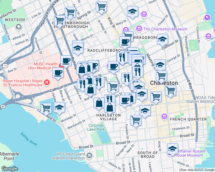 map of restaurants, bars, coffee shops, grocery stores, and more near 52 Bull Street in Charleston