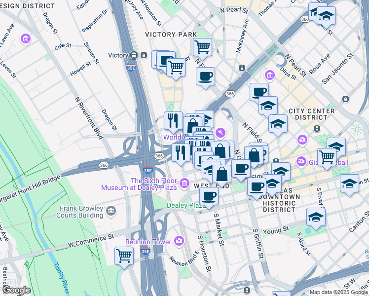 map of restaurants, bars, coffee shops, grocery stores, and more near 1951 North Record Street in Dallas