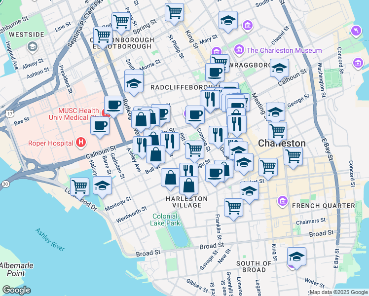 map of restaurants, bars, coffee shops, grocery stores, and more near 52 Bull Street in Charleston