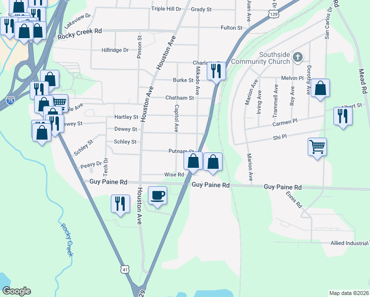 map of restaurants, bars, coffee shops, grocery stores, and more near 955 Putnam Street in Macon