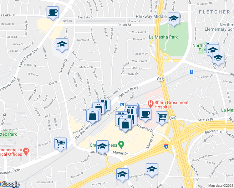 map of restaurants, bars, coffee shops, grocery stores, and more near 8615 Mellmanor Drive in La Mesa