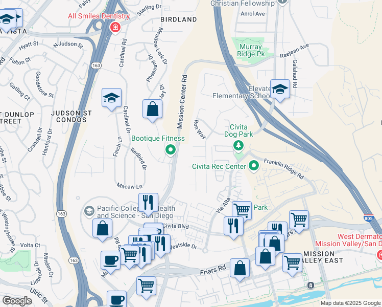 map of restaurants, bars, coffee shops, grocery stores, and more near 8232 Polizzi Place in San Diego