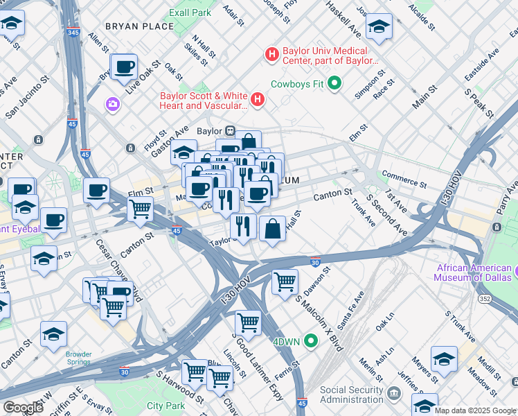 map of restaurants, bars, coffee shops, grocery stores, and more near 2908 Canton Street in Dallas