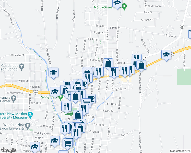 map of restaurants, bars, coffee shops, grocery stores, and more near 411 Silver Heights Boulevard in Silver City