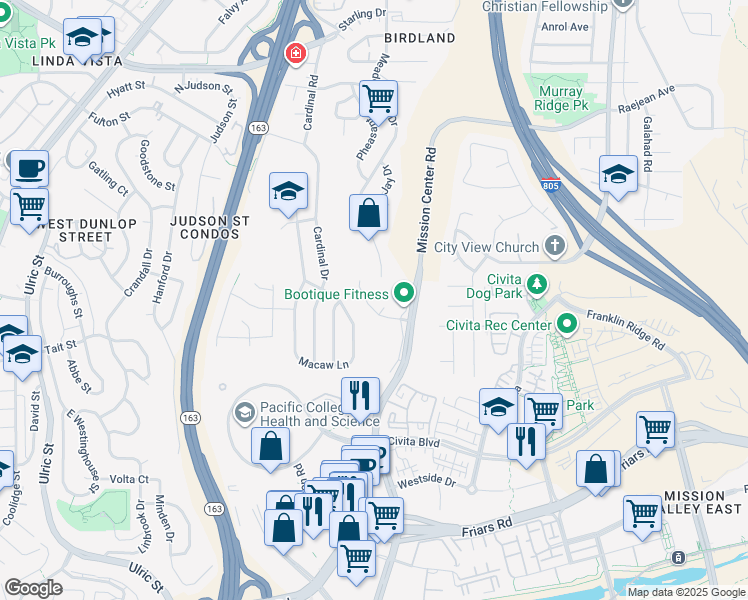 map of restaurants, bars, coffee shops, grocery stores, and more near 8040 Sevan Court in San Diego