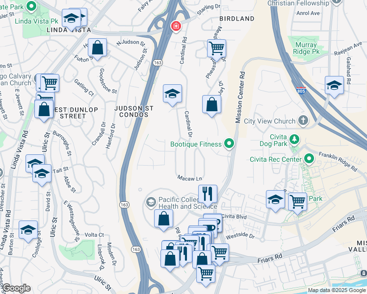 map of restaurants, bars, coffee shops, grocery stores, and more near 2130 Cardinal Drive in San Diego