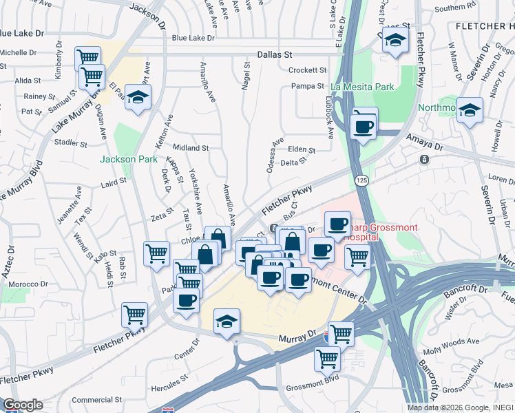 map of restaurants, bars, coffee shops, grocery stores, and more near 8615 Mellmanor Drive in La Mesa