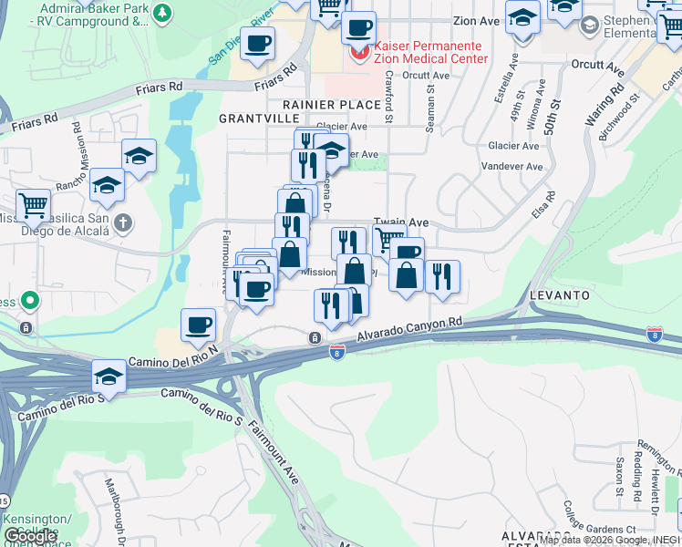 map of restaurants, bars, coffee shops, grocery stores, and more near 4561 Mission Gorge Place in San Diego