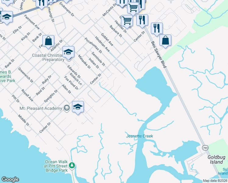 map of restaurants, bars, coffee shops, grocery stores, and more near 785 Post Oak Drive in Mount Pleasant