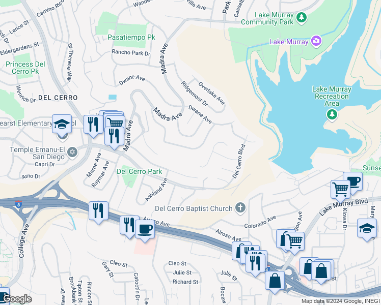 map of restaurants, bars, coffee shops, grocery stores, and more near 6615 Norman Lane in San Diego
