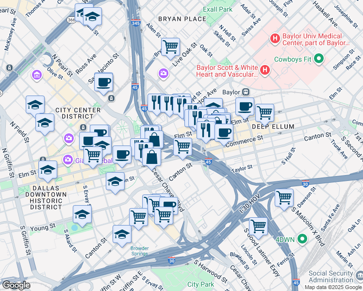 map of restaurants, bars, coffee shops, grocery stores, and more near Main Street in Dallas