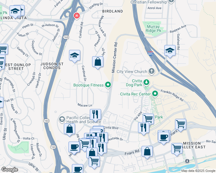 map of restaurants, bars, coffee shops, grocery stores, and more near 5940 Mission Center Road in San Diego