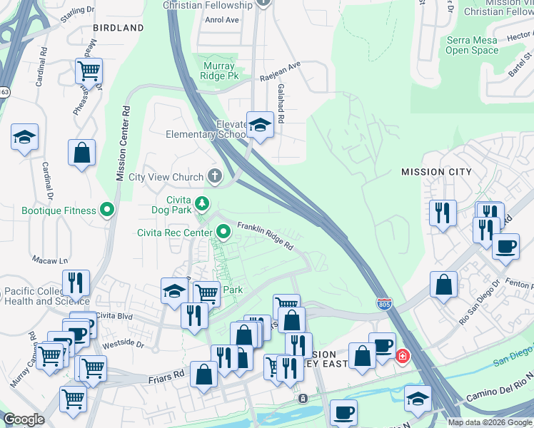 map of restaurants, bars, coffee shops, grocery stores, and more near 2921 Via Alta Place in San Diego