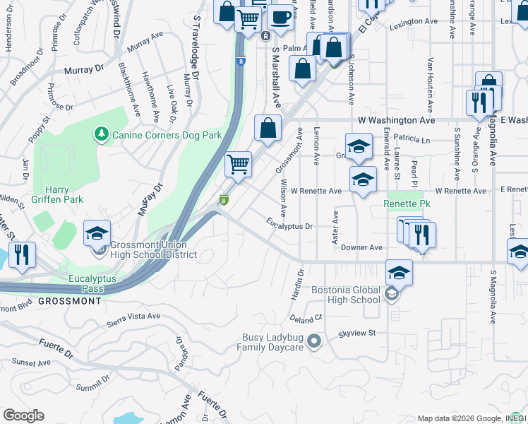 map of restaurants, bars, coffee shops, grocery stores, and more near 1178 Eucalyptus Drive in El Cajon