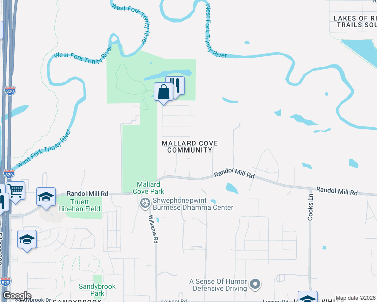 map of restaurants, bars, coffee shops, grocery stores, and more near 136 Goldeneye Lane in Fort Worth