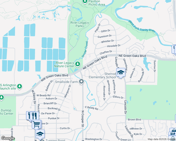 map of restaurants, bars, coffee shops, grocery stores, and more near 2721 Copper Creek Drive in Arlington