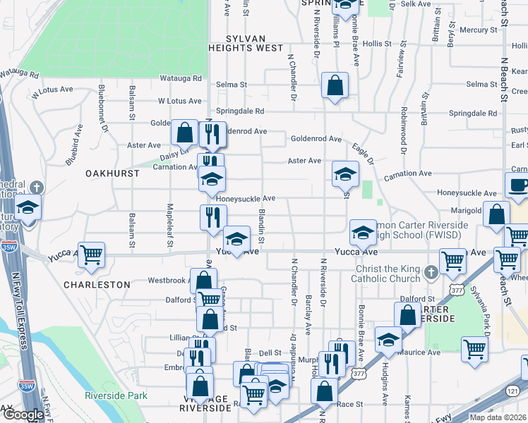 map of restaurants, bars, coffee shops, grocery stores, and more near 2804 Marigold Avenue in Fort Worth