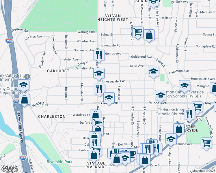 map of restaurants, bars, coffee shops, grocery stores, and more near 2724 Marigold Avenue in Fort Worth