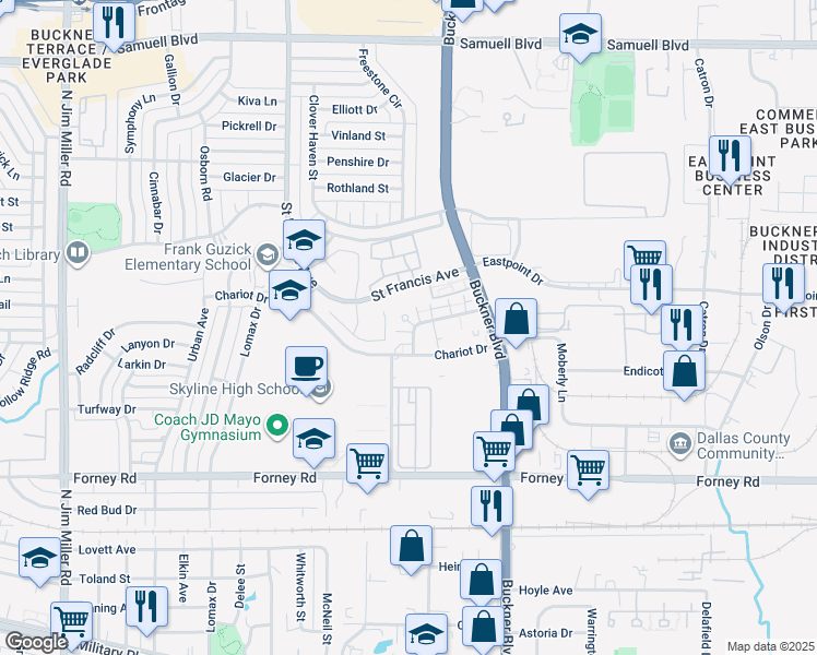 map of restaurants, bars, coffee shops, grocery stores, and more near 8003 Rothington Road in Dallas