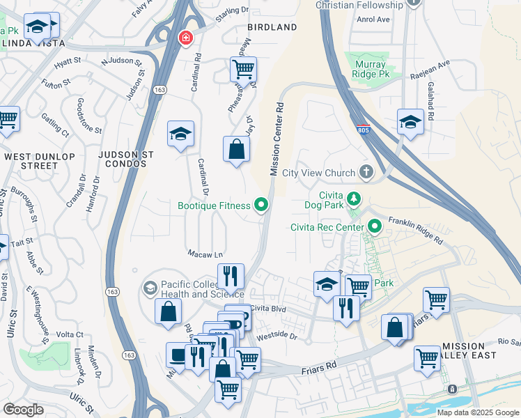 map of restaurants, bars, coffee shops, grocery stores, and more near 5940 Mission Center Road in San Diego