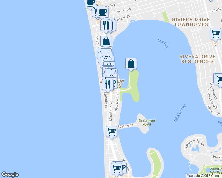 map of restaurants, bars, coffee shops, grocery stores, and more near 801 Portsmouth Court in San Diego