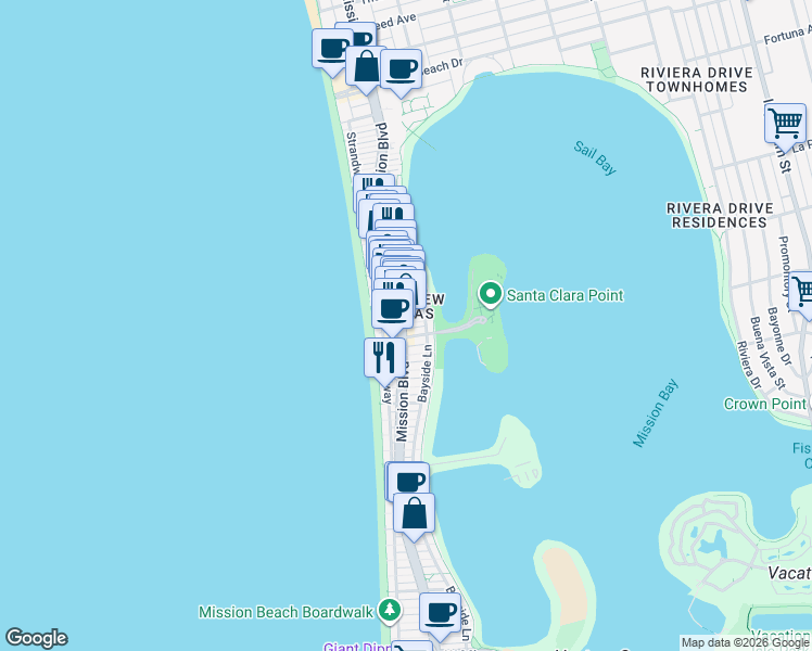 map of restaurants, bars, coffee shops, grocery stores, and more near 3719 Mission Boulevard in San Diego