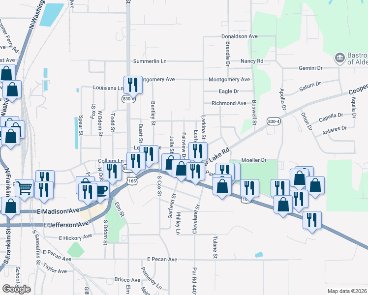 map of restaurants, bars, coffee shops, grocery stores, and more near 198 Fairview Drive in Bastrop