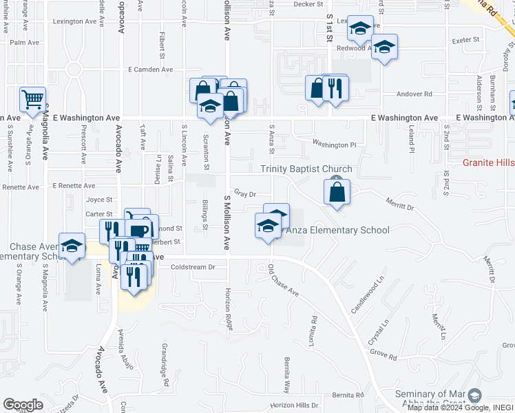 map of restaurants, bars, coffee shops, grocery stores, and more near 946 South Anza Street in El Cajon