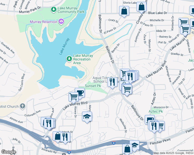 map of restaurants, bars, coffee shops, grocery stores, and more near 5540 Lake Park Way in La Mesa