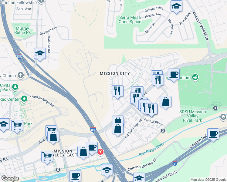map of restaurants, bars, coffee shops, grocery stores, and more near 2538 Escala Circle in San Diego