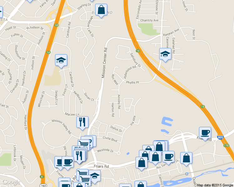 map of restaurants, bars, coffee shops, grocery stores, and more near 8251 Polizzi Place in San Diego