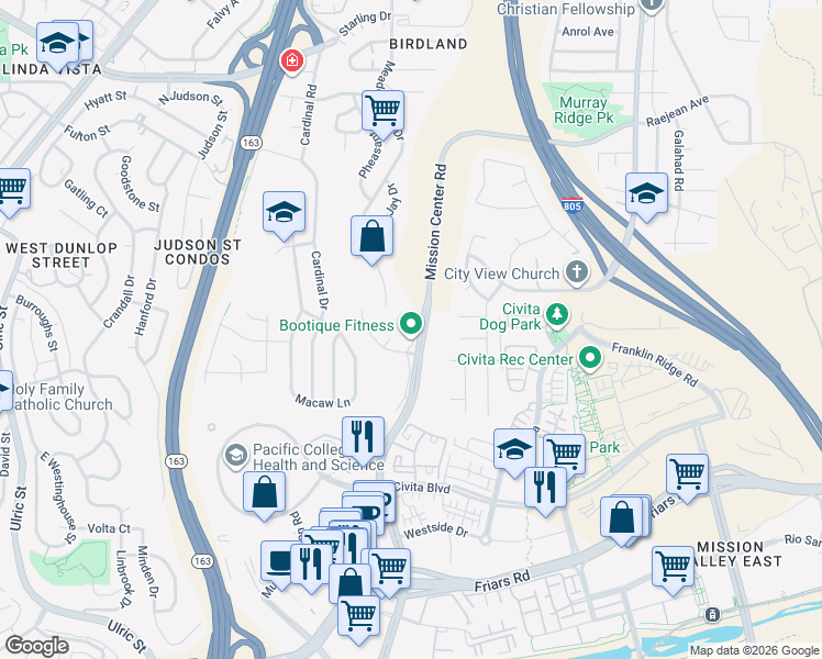 map of restaurants, bars, coffee shops, grocery stores, and more near 5930 Mission Center Road in San Diego