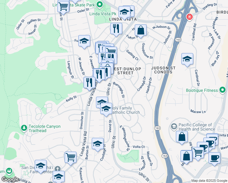 map of restaurants, bars, coffee shops, grocery stores, and more near 2137 Ulric Street in San Diego
