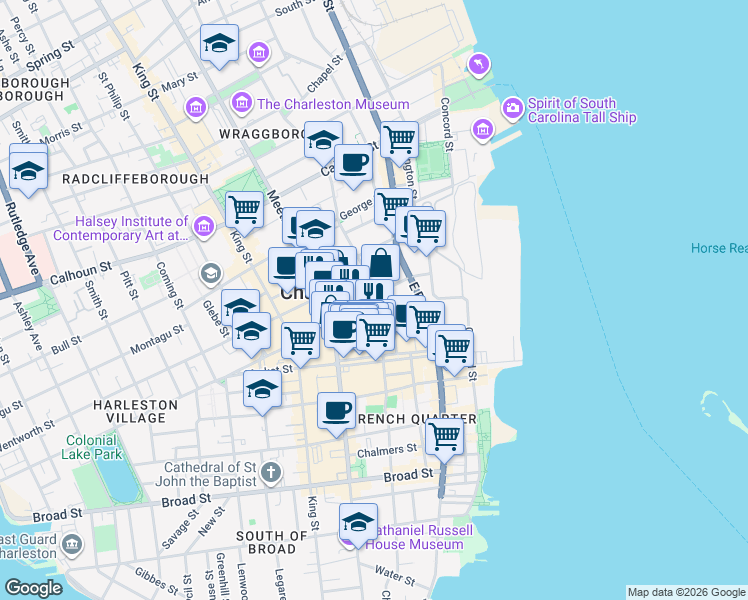 map of restaurants, bars, coffee shops, grocery stores, and more near 6 Maiden Lane in Charleston