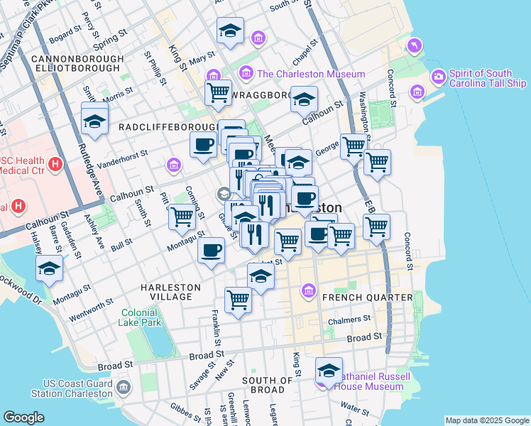 map of restaurants, bars, coffee shops, grocery stores, and more near 5 Liberty Street in Charleston