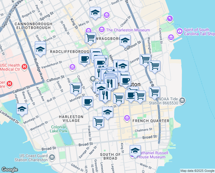 map of restaurants, bars, coffee shops, grocery stores, and more near 5 Liberty Street in Charleston