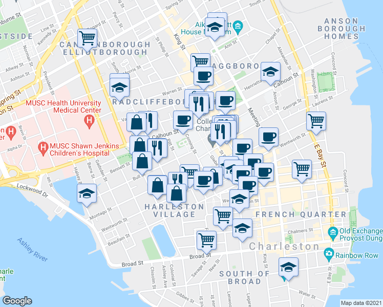 map of restaurants, bars, coffee shops, grocery stores, and more near 34 Pitt Street in Charleston